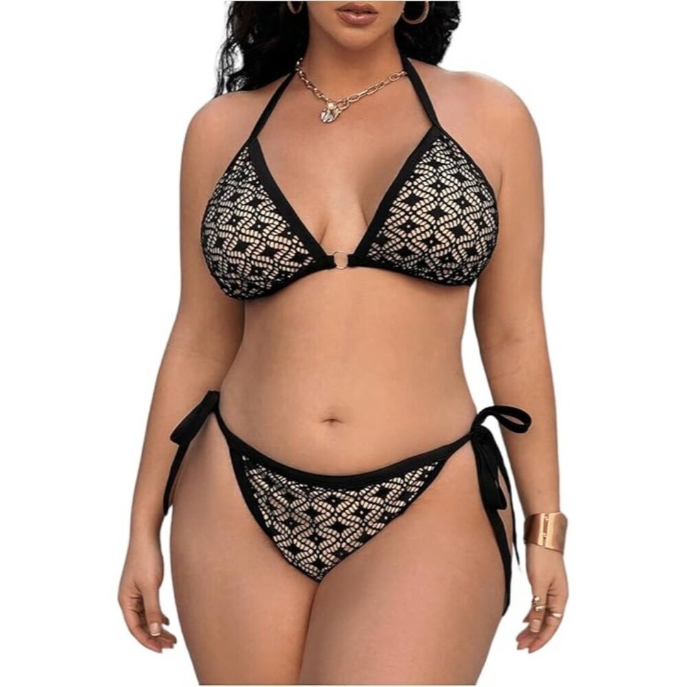 Black Crochet Lace Triangle Bikini Set - Women Swim Bikinis